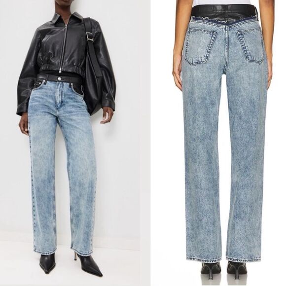 NEW Rag & Bone Shea Mixed Media Faux Leather Denim Combo High Rise Relaxed Jeans - Picture 1 of 14